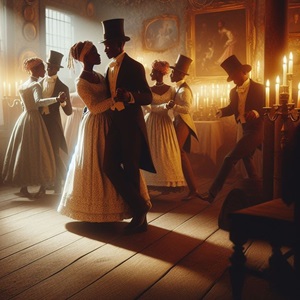 African American civilians in Civil War era dress dance in a small social hall.